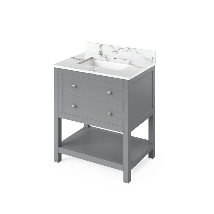 Jeffrey Alexander 30" Grey Astoria Vanity, Calacatta Vienna Quartz Vanity Top, undermount rectangle bowl