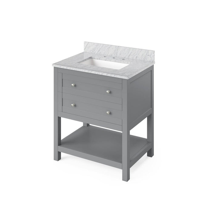 Jeffrey Alexander 30" Grey Astoria Vanity, White Carrara Marble Vanity Top, undermount rectangle bowl