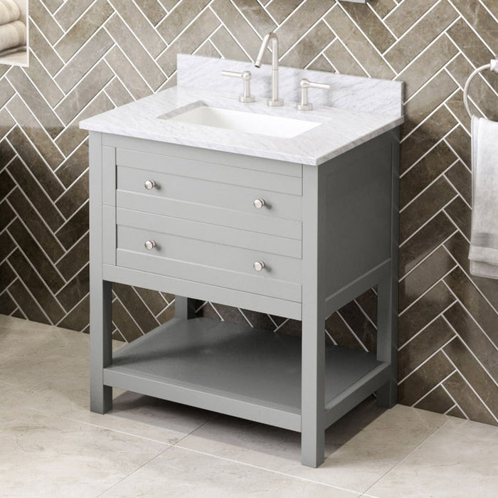 Jeffrey Alexander 30" Grey Astoria Vanity, White Carrara Marble Vanity Top, undermount rectangle bowl