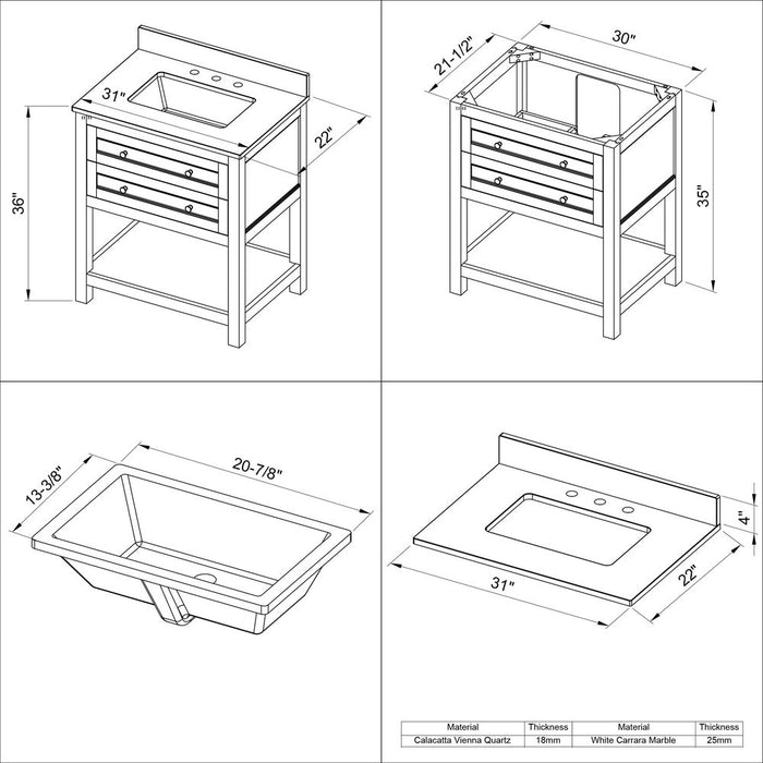 Jeffrey Alexander 30" White Astoria Vanity, White Carrara Marble Vanity Top, undermount rectangle bowl