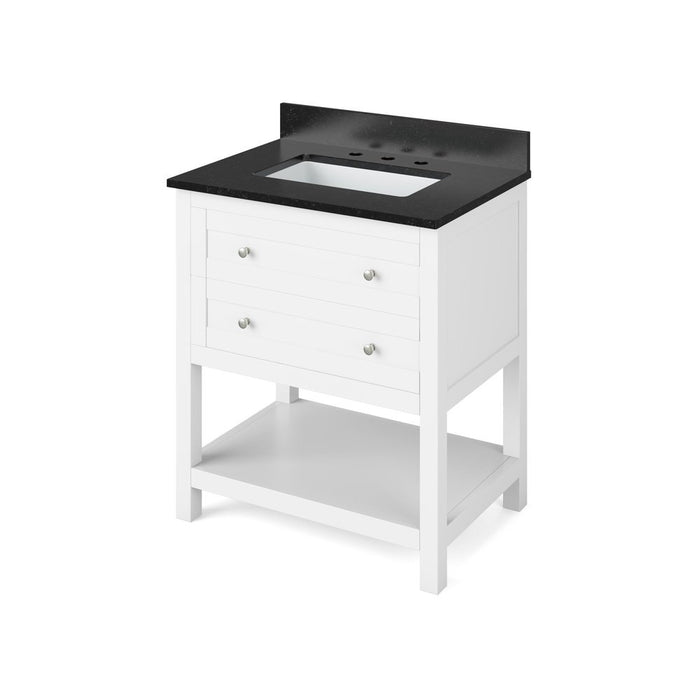 Jeffrey Alexander 30" White Astoria Vanity, Black Granite Vanity Top, undermount rectangle bowl