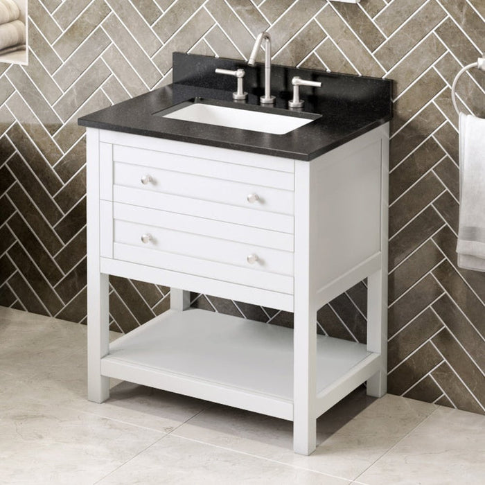 Jeffrey Alexander 30" White Astoria Vanity, Black Granite Vanity Top, undermount rectangle bowl