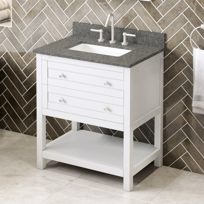 Jeffrey Alexander 30" White Astoria Vanity, Boulder Cultured Marble Vanity Top, undermount rectangle bowl