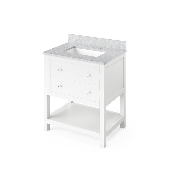 Jeffrey Alexander 30" White Astoria Vanity, White Carrara Marble Vanity Top, undermount rectangle bowl