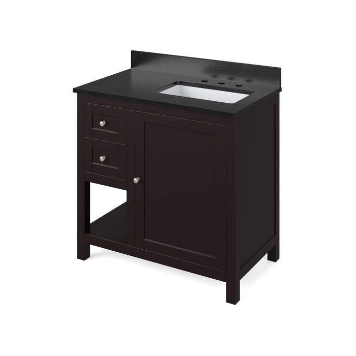 Jeffrey Alexander 36" Espresso Astoria Vanity, right offset, Black Granite Vanity Top, undermount rectangle bowl