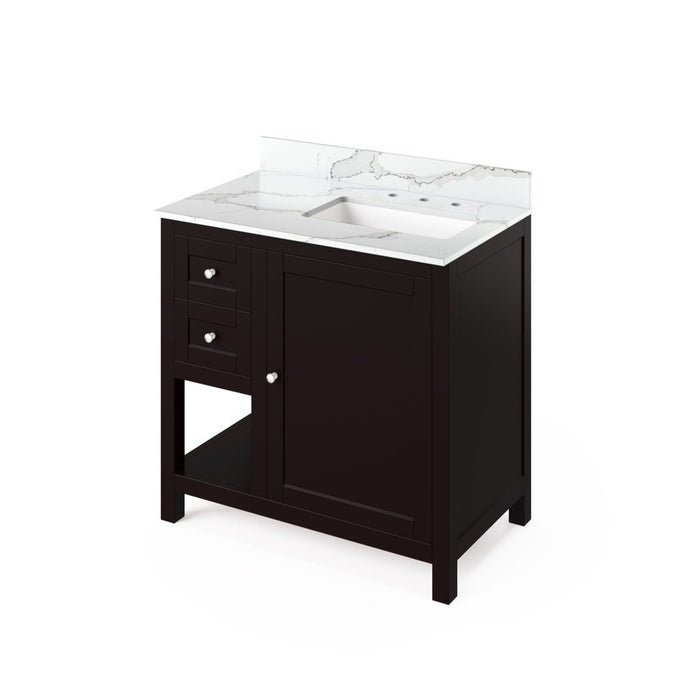 Jeffrey Alexander 36" Espresso Astoria Vanity, right offset, Calacatta Vienna Quartz Vanity Top, undermount rectangle bowl