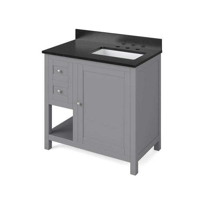 Jeffrey Alexander 36" Grey Astoria Vanity, right offset, Black Granite Vanity Top, undermount rectangle bowl