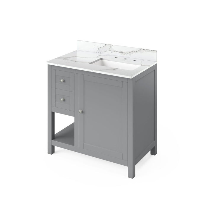 Jeffrey Alexander 36" Grey Astoria Vanity, right offset, Calacatta Vienna Quartz Vanity Top, undermount rectangle bowl