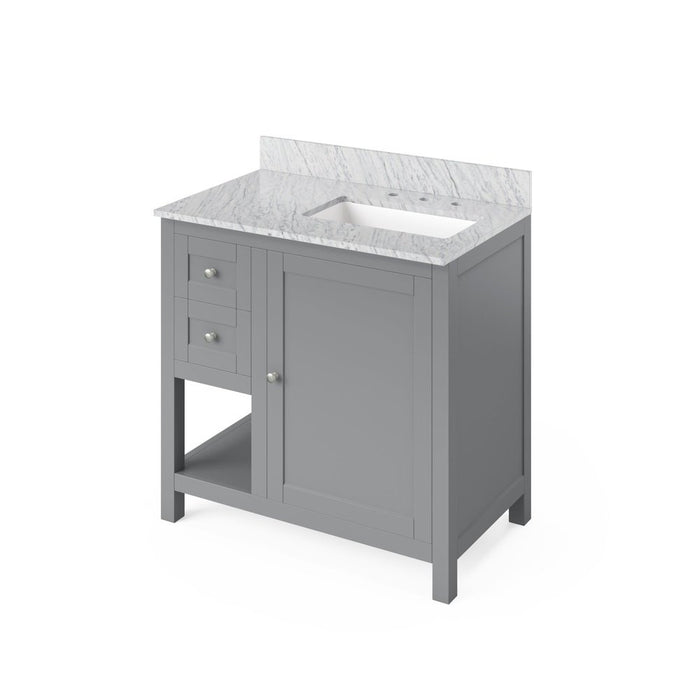 Jeffrey Alexander 36" Grey Astoria Vanity, right offset, White Carrara Marble Vanity Top, undermount rectangle bowl