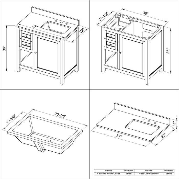 Jeffrey Alexander 36" White Astoria Vanity, right offset, White Carrara Marble Vanity Top, undermount rectangle bowl