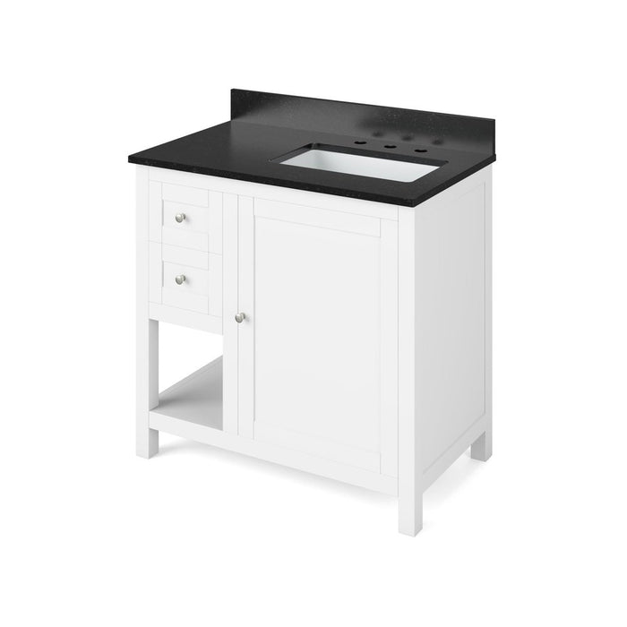 Jeffrey Alexander 36" White Astoria Vanity, right offset, Black Granite Vanity Top, undermount rectangle bowl