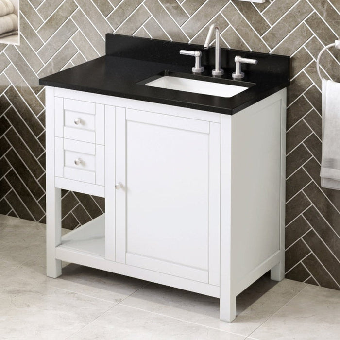 Jeffrey Alexander 36" White Astoria Vanity, right offset, Black Granite Vanity Top, undermount rectangle bowl