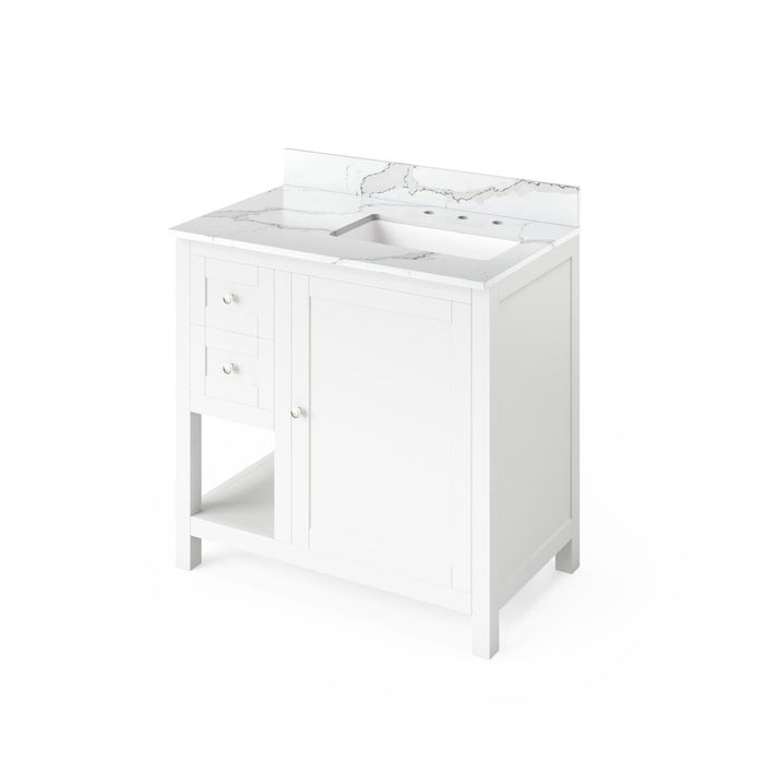 Jeffrey Alexander 36" White Astoria Vanity, right offset, Calacatta Vienna Quartz Vanity Top, undermount rectangle bowl