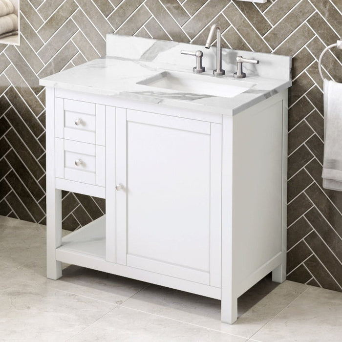 Jeffrey Alexander 36" White Astoria Vanity, right offset, Calacatta Vienna Quartz Vanity Top, undermount rectangle bowl