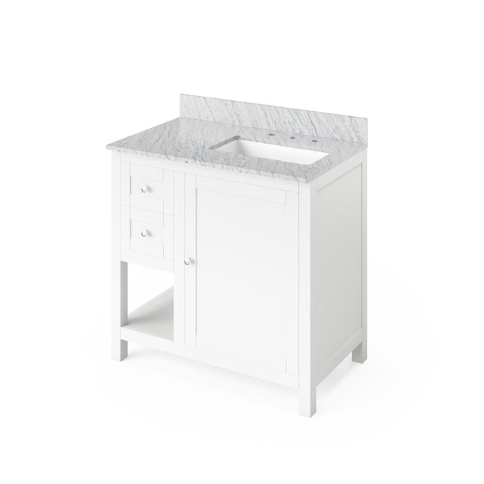 Jeffrey Alexander 36" White Astoria Vanity, right offset, White Carrara Marble Vanity Top, undermount rectangle bowl