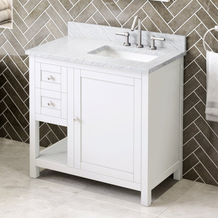 Jeffrey Alexander 36" White Astoria Vanity, right offset, White Carrara Marble Vanity Top, undermount rectangle bowl