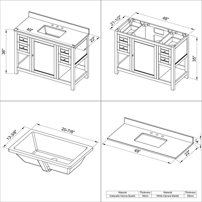 Jeffrey Alexander 48" White Astoria Vanity, White Carrara Marble Vanity Top, undermount rectangle bowl