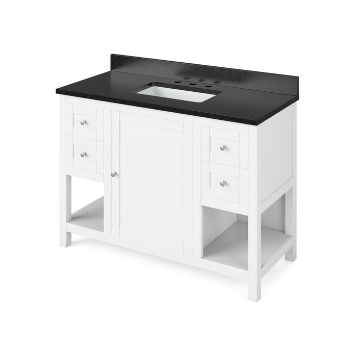 Jeffrey Alexander 48" White Astoria Vanity, Black Granite Vanity Top, undermount rectangle bowl