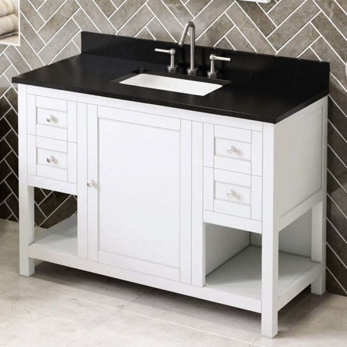 Jeffrey Alexander 48" White Astoria Vanity, Black Granite Vanity Top, undermount rectangle bowl