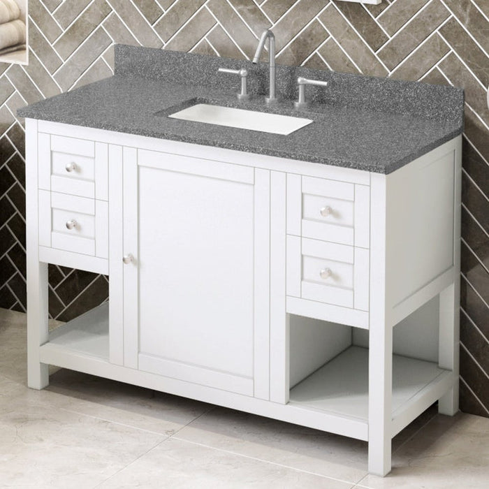 Jeffrey Alexander 48" White Astoria Vanity, Boulder Cultured Marble Vanity Top, undermount rectangle bowl