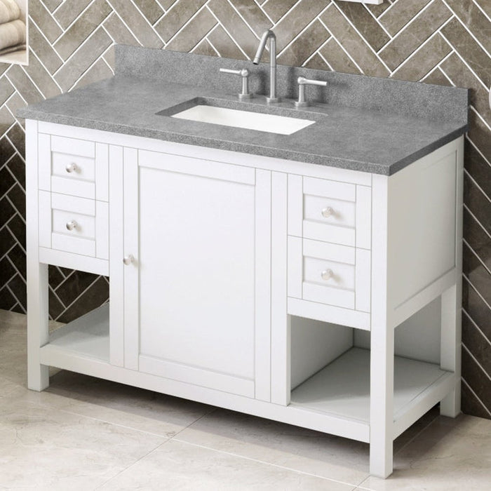 Jeffrey Alexander 48" White Astoria Vanity, Steel Grey Cultured Marble Vanity Top, undermount rectangle bowl