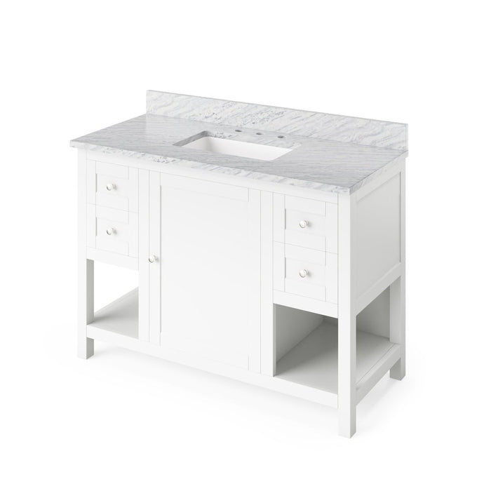 Jeffrey Alexander 48" White Astoria Vanity, White Carrara Marble Vanity Top, undermount rectangle bowl