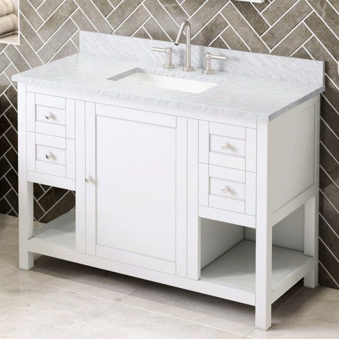 Jeffrey Alexander 48" White Astoria Vanity, White Carrara Marble Vanity Top, undermount rectangle bowl