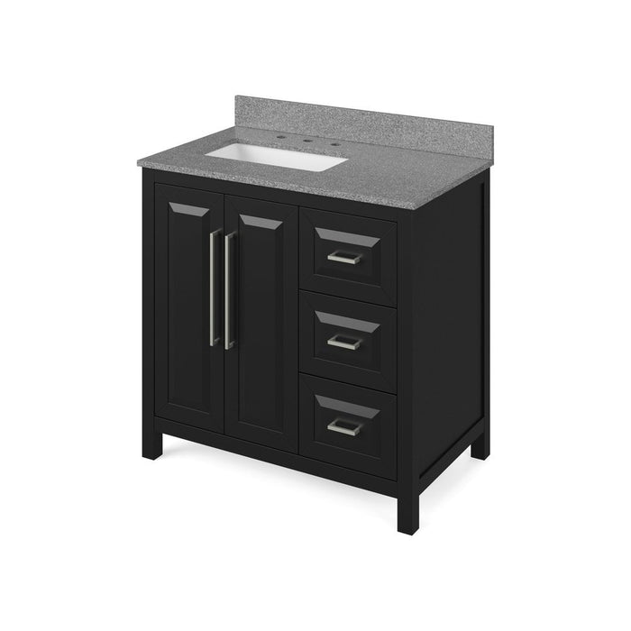 Jeffrey Alexander 36" Black Cade Vanity, left offset, Steel Grey Cultured Marble Vanity Top, undermount rectangle bowl