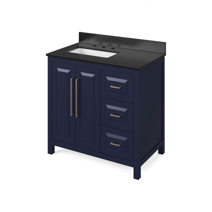 Jeffrey Alexander 36" Hale Blue Cade Vanity, left offset, Black Granite Vanity Top, undermount rectangle bowl