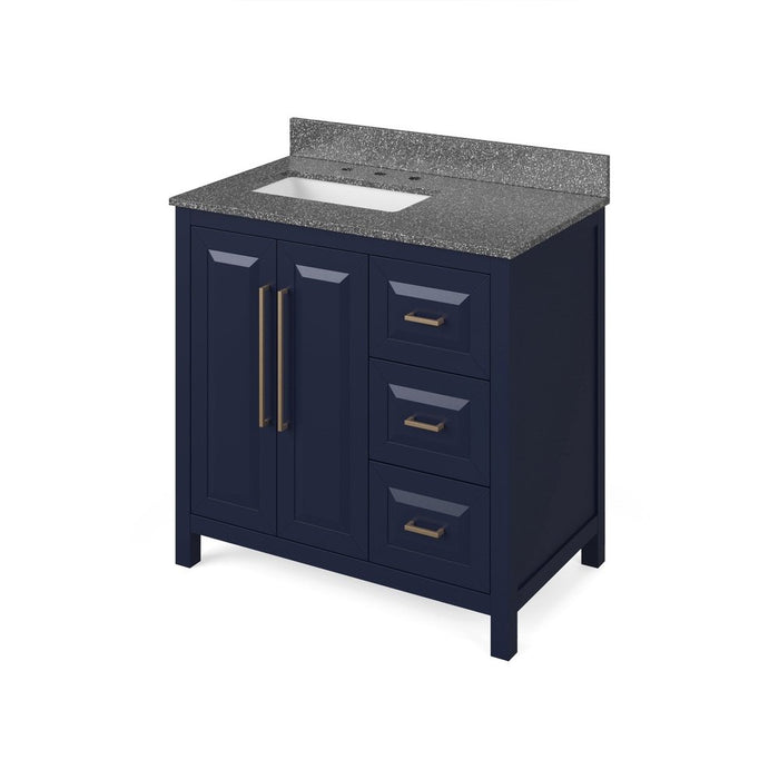 Jeffrey Alexander 36" Hale Blue Cade Vanity, left offset, Boulder Vanity Cultured Marble Vanity Top, undermount rectangle bowl