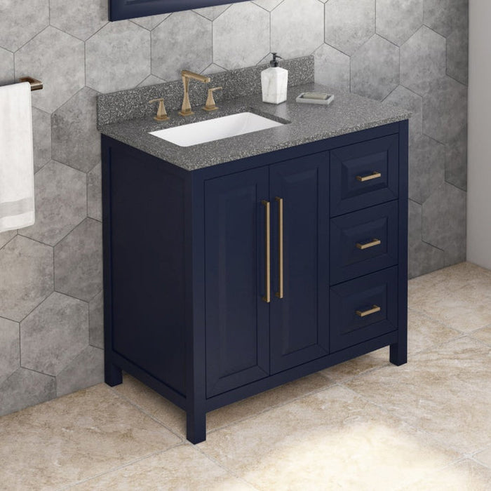 Jeffrey Alexander 36" Hale Blue Cade Vanity, left offset, Boulder Vanity Cultured Marble Vanity Top, undermount rectangle bowl