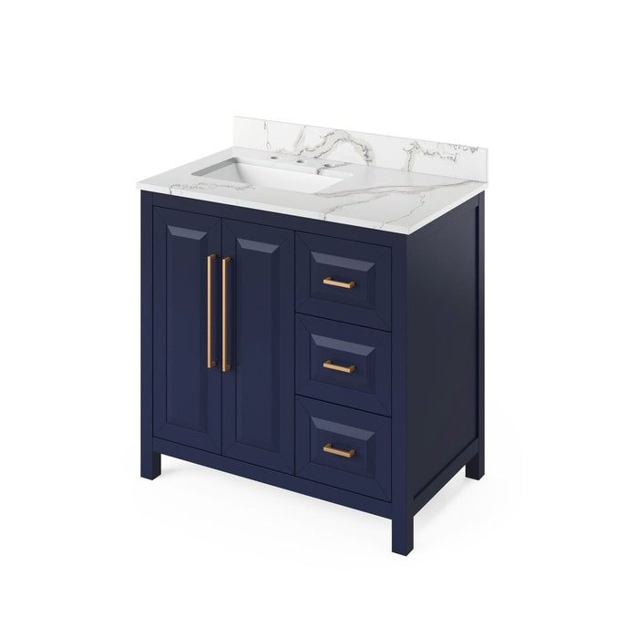 Jeffrey Alexander 36" Hale Blue Cade Vanity, left offset, Calacatta Vienna Quartz Vanity Top, undermount rectangle bowl