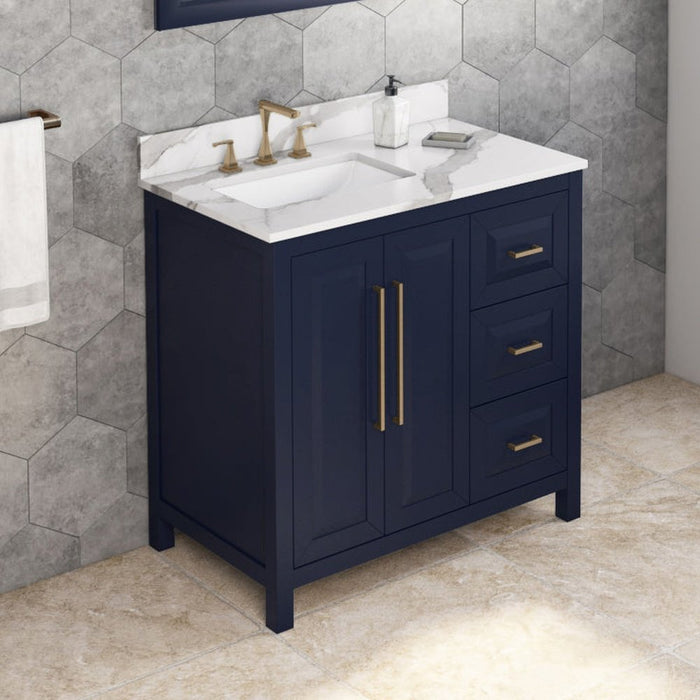 Jeffrey Alexander 36" Hale Blue Cade Vanity, left offset, Calacatta Vienna Quartz Vanity Top, undermount rectangle bowl