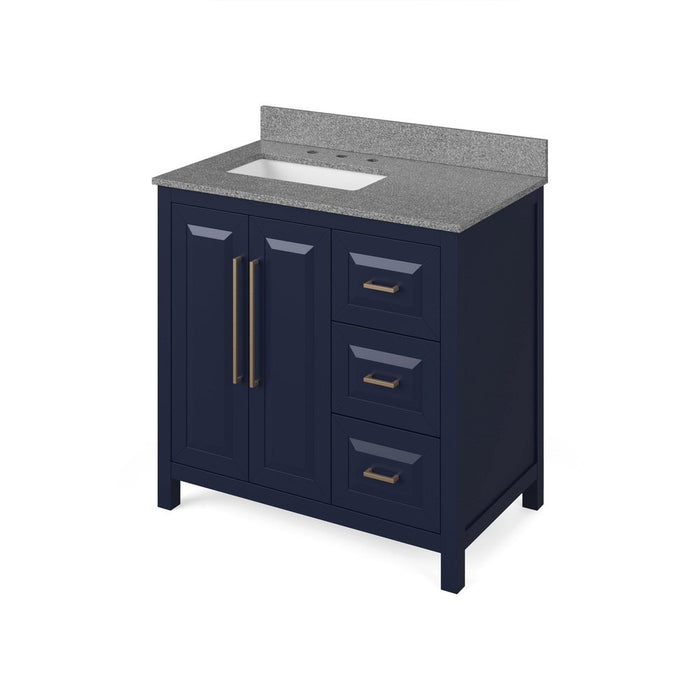 Jeffrey Alexander 36" Hale Blue Cade Vanity, left offset, Steel Grey Cultured Marble Vanity Top, undermount rectangle bowl