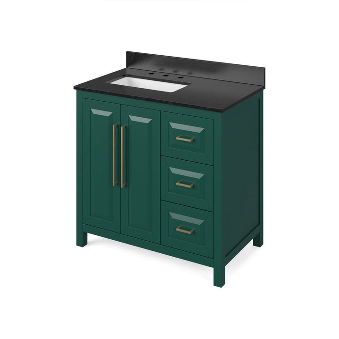 Jeffrey Alexander 36" Forest Green Cade Vanity, left offset, Black Granite Vanity Top, undermount rectangle bowl