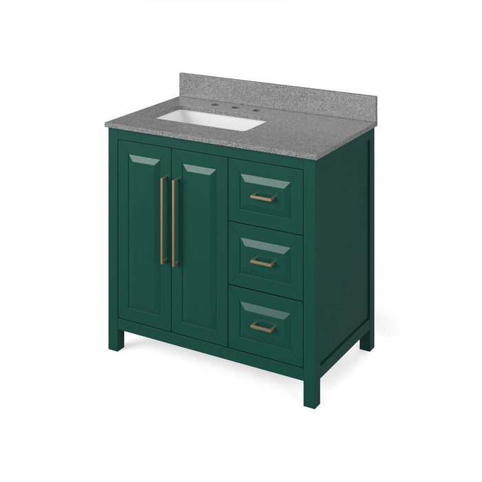 Jeffrey Alexander 36" Forest Green Cade Vanity, left offset, Steel Grey Cultured Marble Vanity Top, undermount rectangle bowl