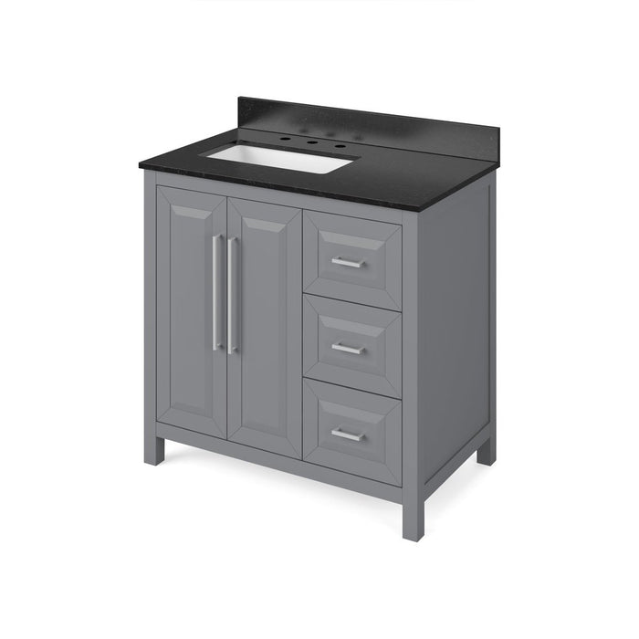 Jeffrey Alexander 36" Grey Cade Vanity, left offset, Black Granite Vanity Top, undermount rectangle bowl