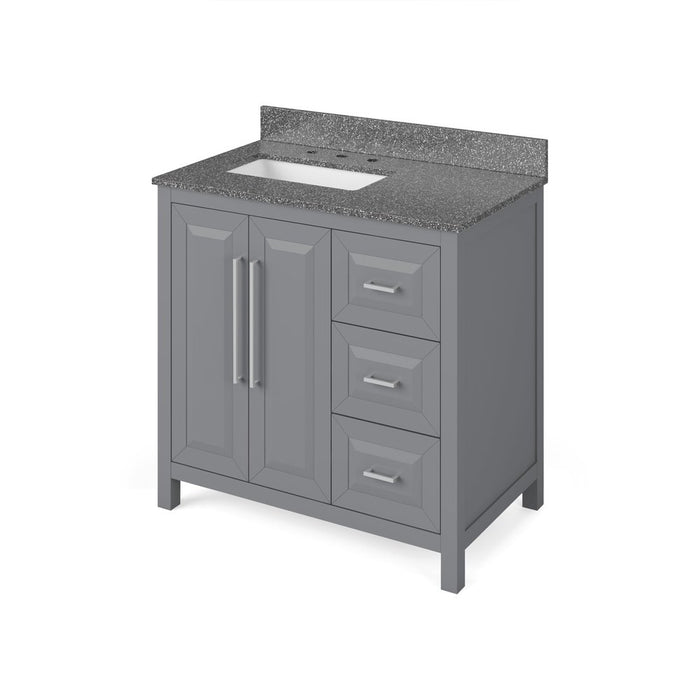 Jeffrey Alexander 36" Grey Cade Vanity, left offset, Boulder Vanity Cultured Marble Vanity Top, undermount rectangle bowl