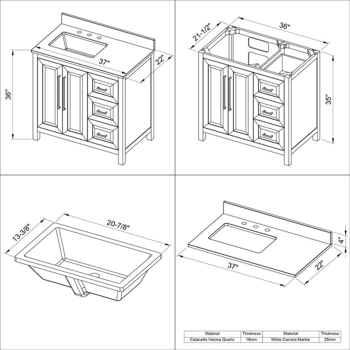 Jeffrey Alexander 36" Hale Blue Cade Vanity, left offset, Calacatta Vienna Quartz Vanity Top, undermount rectangle bowl