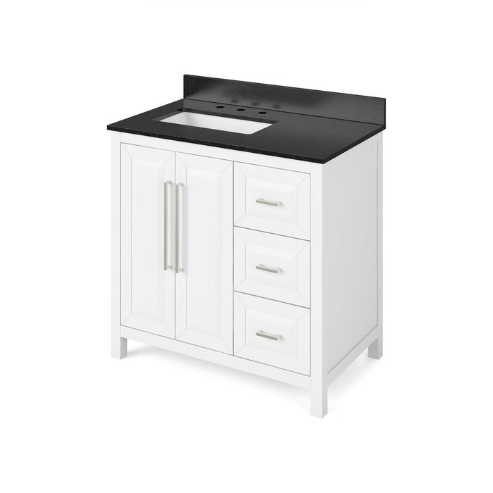 Jeffrey Alexander 36" White Cade Vanity, left offset, Black Granite Vanity Top, undermount rectangle bowl