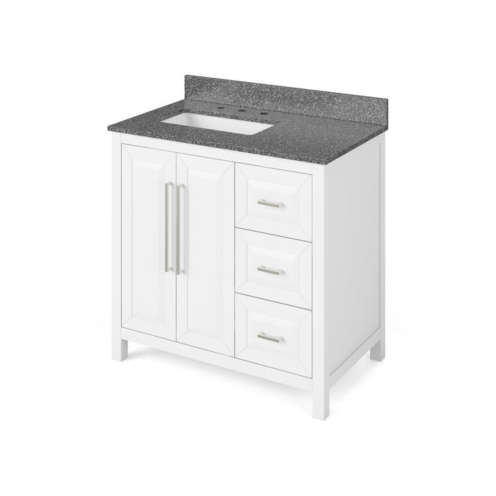 Jeffrey Alexander 36" White Cade Vanity, left offset, Boulder Vanity Cultured Marble Vanity Top, undermount rectangle bowl