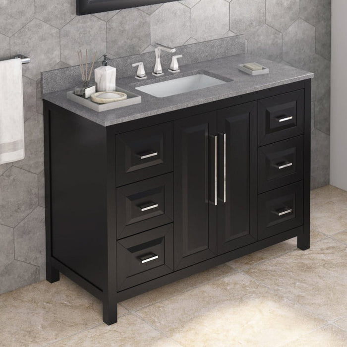 Jeffrey Alexander 48" Black Cade Vanity, Steel Grey Cultured Marble Vanity Top, undermount rectangle bowl