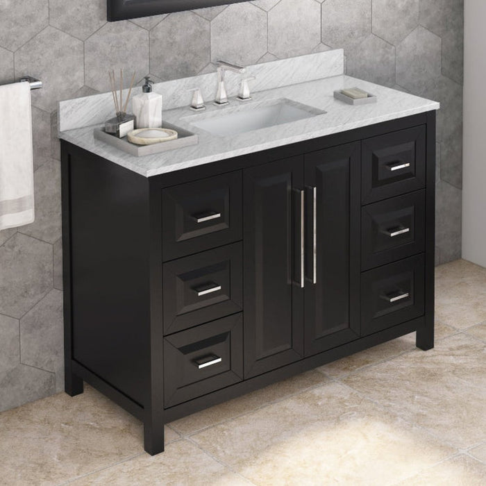 Jeffrey Alexander 48" Black Cade Vanity, White Carrara Marble Vanity Top, undermount rectangle bowl