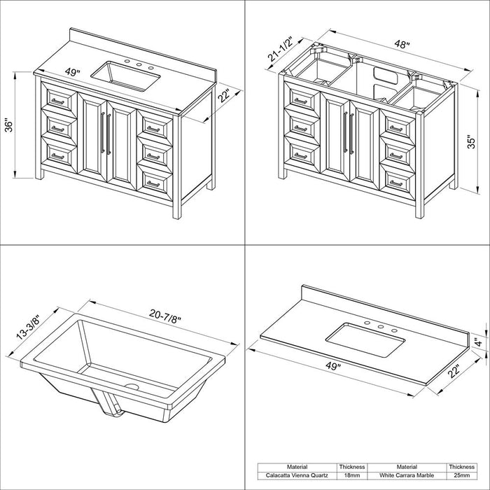 Jeffrey Alexander 48" White Cade Vanity, Boulder Cultured Marble Vanity Top, undermount rectangle bowl