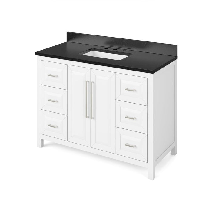 Jeffrey Alexander 48" White Cade Vanity, Black Granite Vanity Top, undermount rectangle bowl