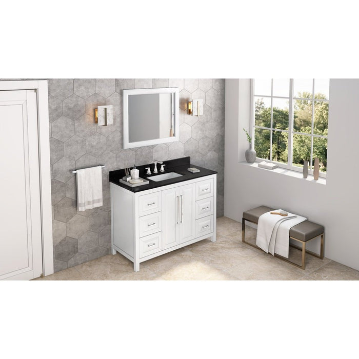 Jeffrey Alexander 48" White Cade Vanity, Black Granite Vanity Top, undermount rectangle bowl