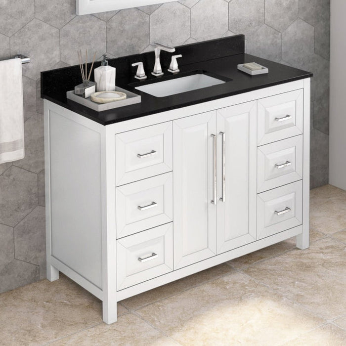 Jeffrey Alexander 48" White Cade Vanity, Black Granite Vanity Top, undermount rectangle bowl