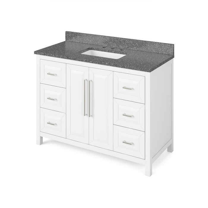 Jeffrey Alexander 48" White Cade Vanity, Boulder Cultured Marble Vanity Top, undermount rectangle bowl