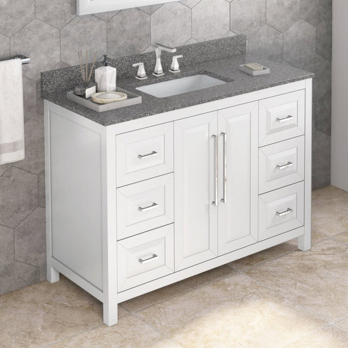 Jeffrey Alexander 48" White Cade Vanity, Boulder Cultured Marble Vanity Top, undermount rectangle bowl