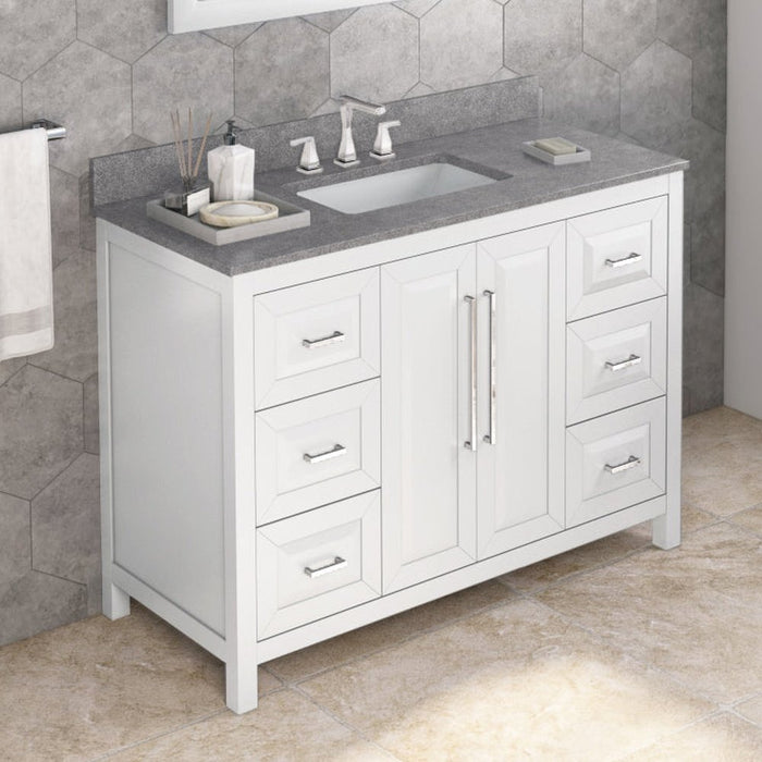 Jeffrey Alexander 48" White Cade Vanity, Steel Grey Cultured Marble Vanity Top, undermount rectangle bowl